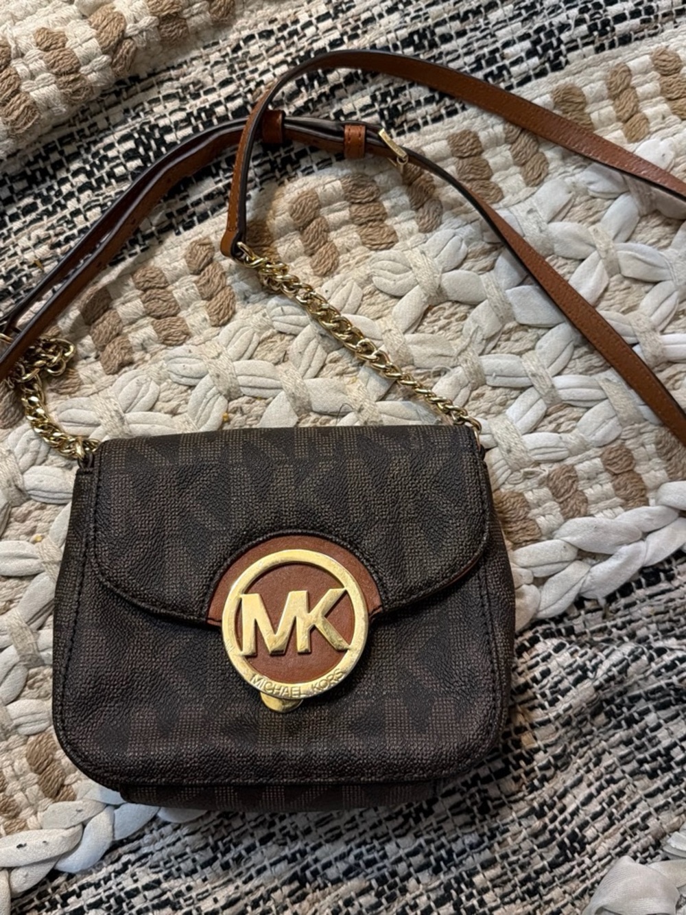 Michael Kors Dark Brown MK Signature Crossbody with Gold Logo